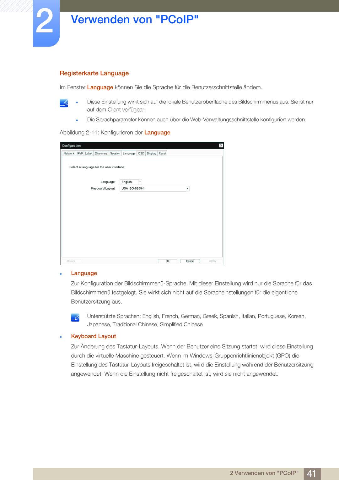 Samsung LF-NBNHNN/EN manual Registerkarte Language, Keyboard Layout 