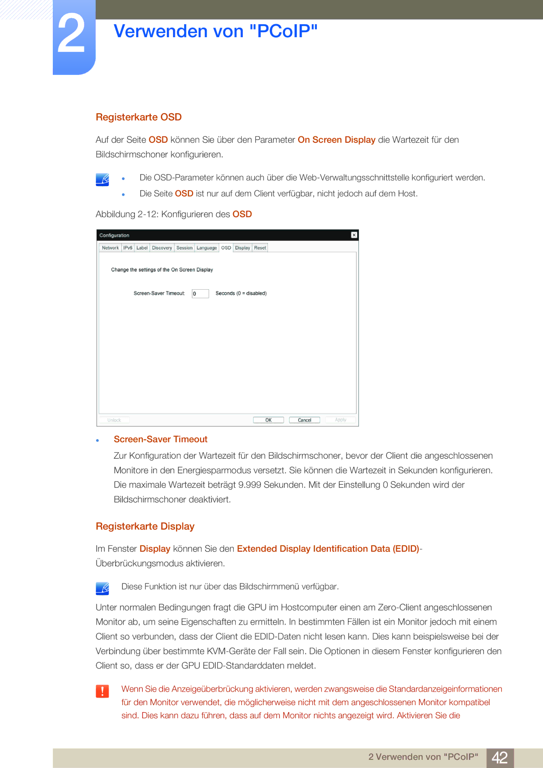 Samsung LF-NBNHNN/EN manual Registerkarte OSD, Registerkarte Display, Screen-Saver Timeout 