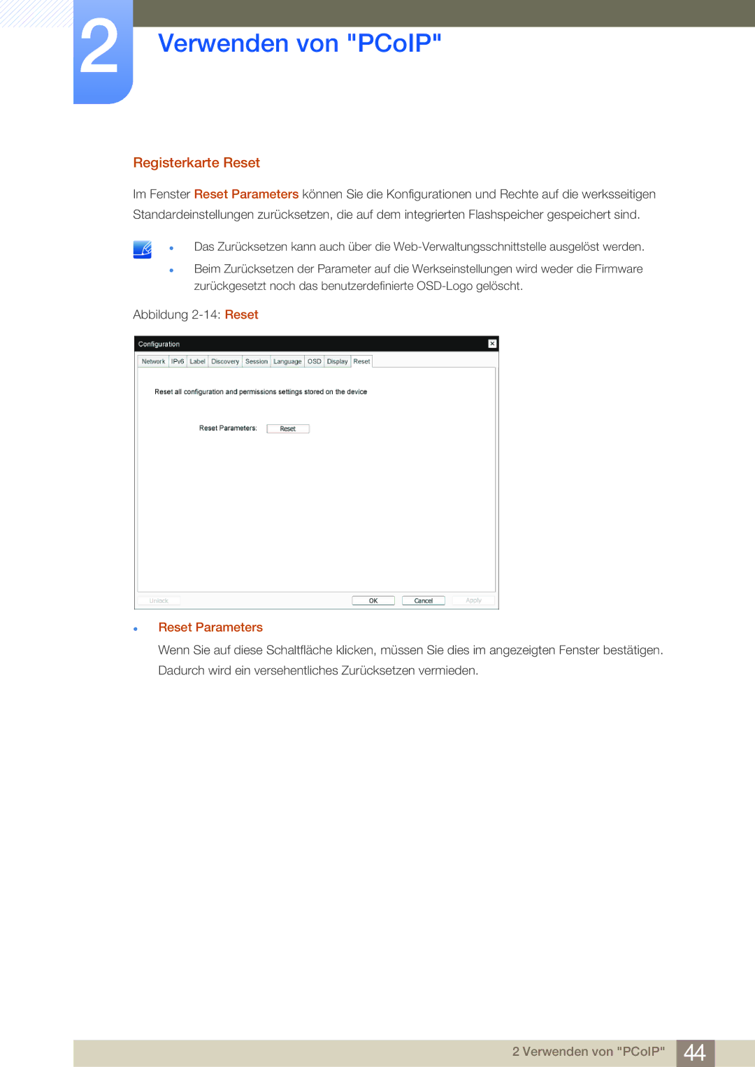 Samsung LF-NBNHNN/EN manual Registerkarte Reset, Reset Parameters 