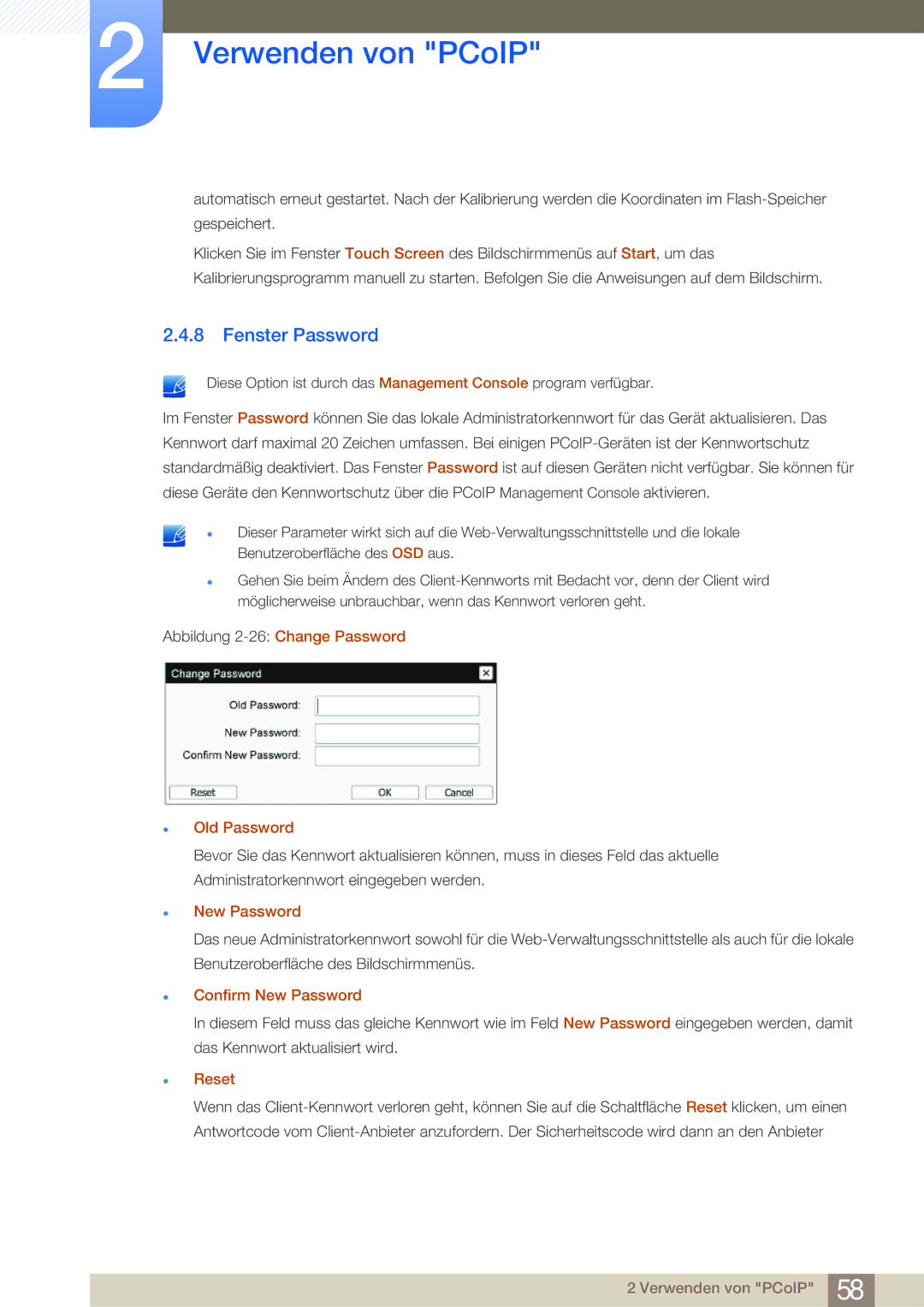 Samsung LF-NBNHNN/EN manual Fenster Password, Old Password, Confirm New Password 