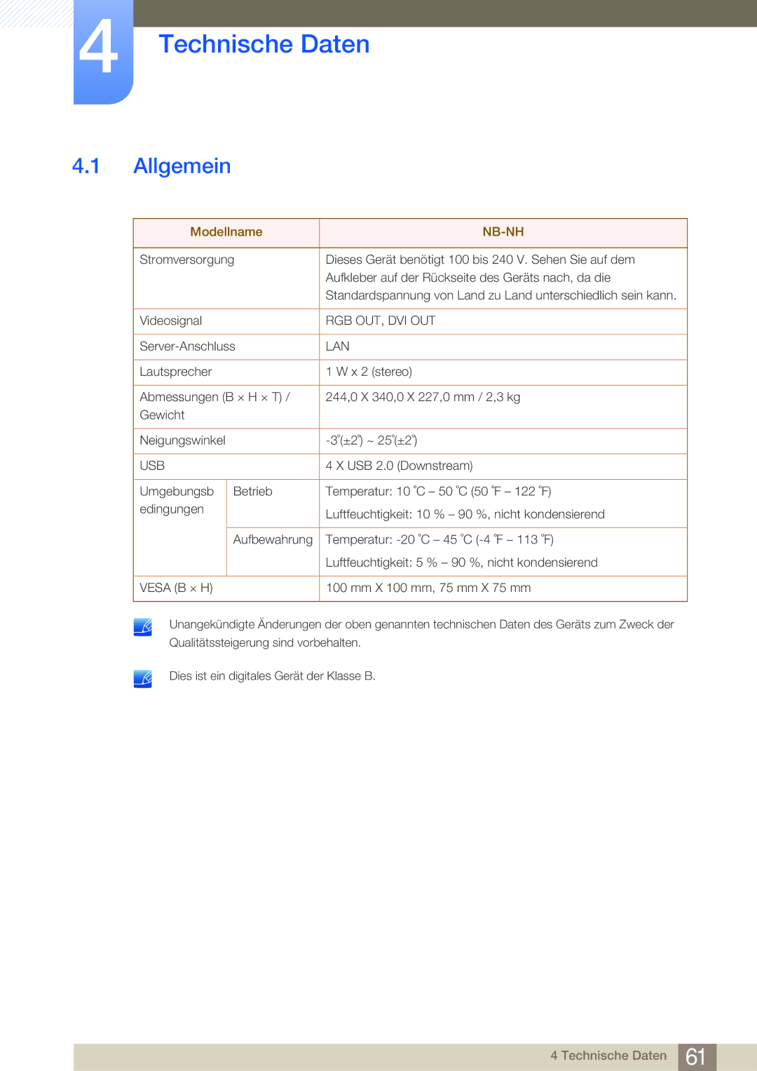 Samsung LF-NBNHNN/EN manual Technische Daten, Allgemein 