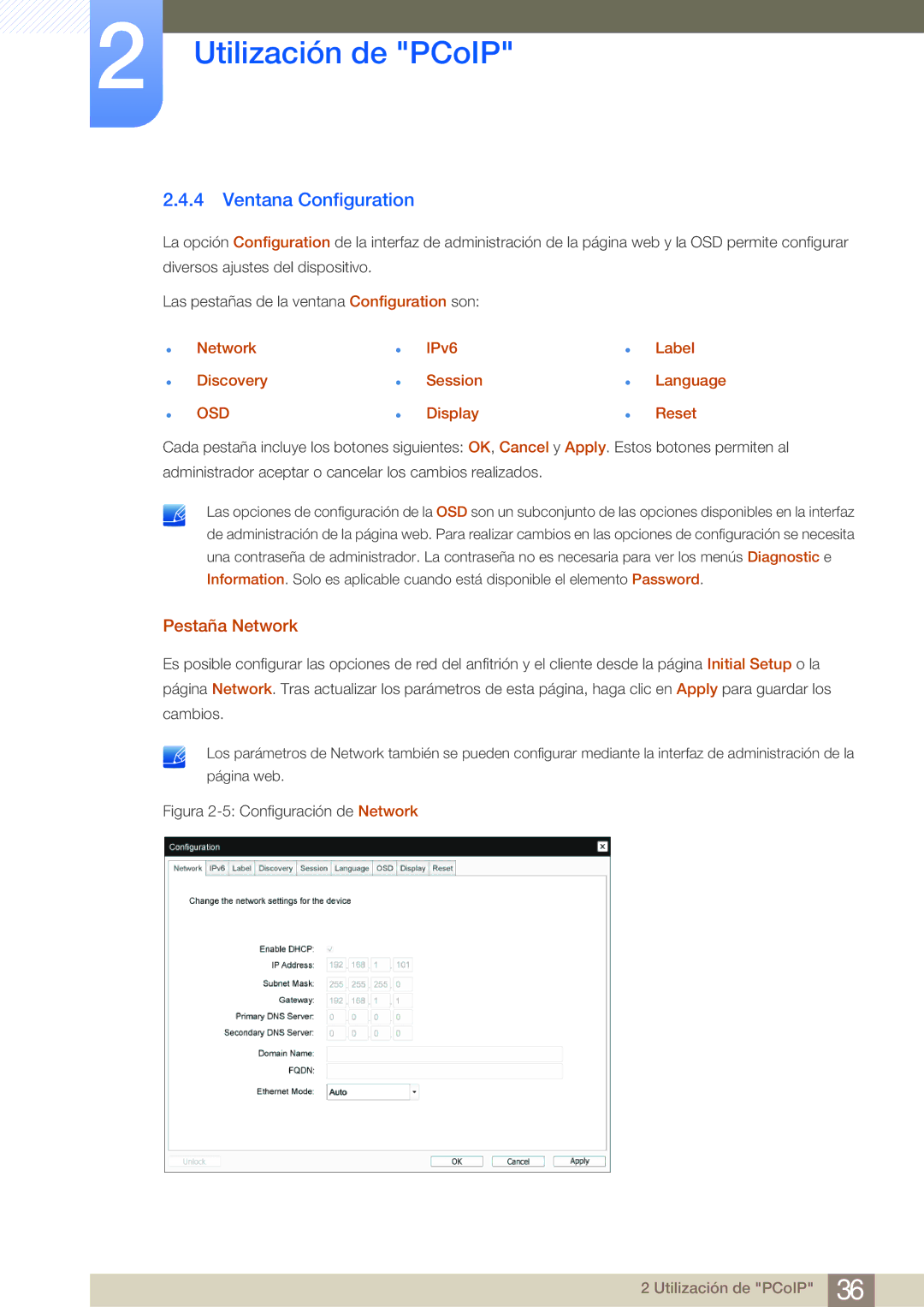 Samsung LF-NBNHNN/EN Ventana Configuration, Pestaña Network, Network Discovery, IPv6 Session Display Label Language Reset 