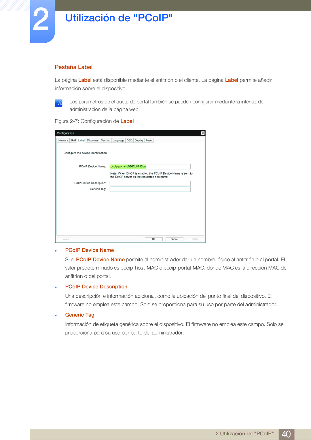 Samsung LF-NBNHNN/EN manual Pestaña Label, PCoIP Device Name, PCoIP Device Description 