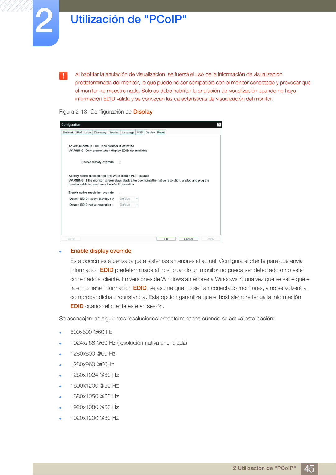 Samsung LF-NBNHNN/EN manual Figura 2-13 Configuración de Display, Enable display override 