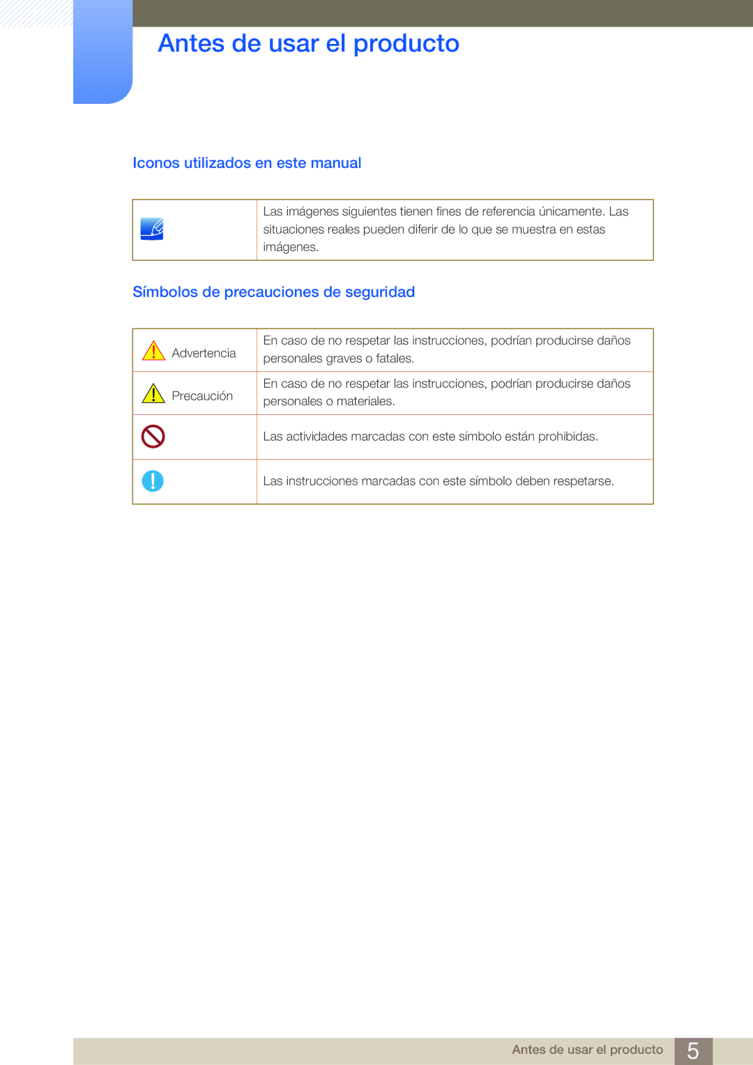 Samsung LF-NBNHNN/EN Iconos utilizados en este manual, Símbolos de precauciones de seguridad 