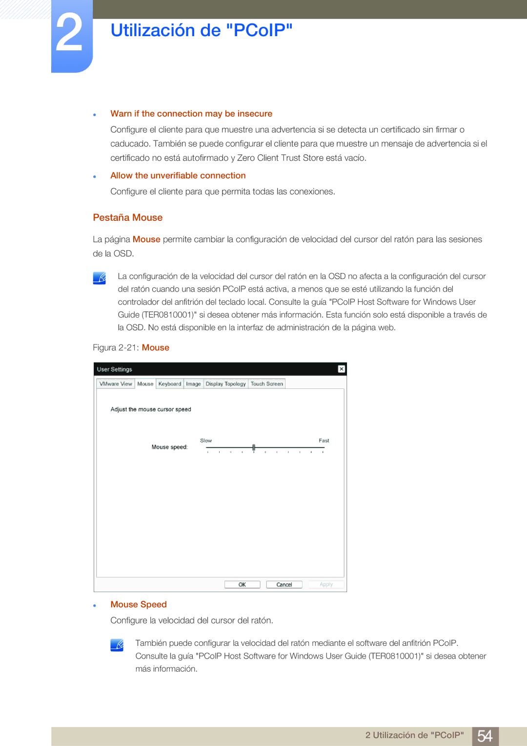 Samsung LF-NBNHNN/EN Pestaña Mouse, Warn if the connection may be insecure, Allow the unverifiable connection, Mouse Speed 