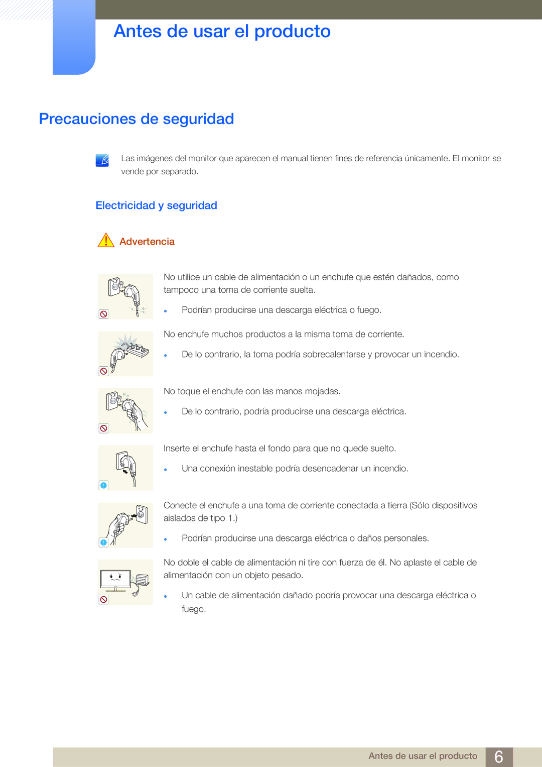 Samsung LF-NBNHNN/EN manual Precauciones de seguridad, Electricidad y seguridad, Advertencia 