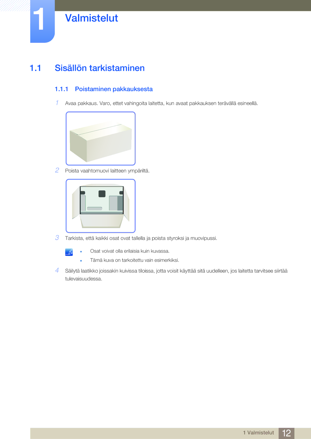 Samsung LF-NBNHNN/EN manual Sisällön tarkistaminen, Poistaminen pakkauksesta 