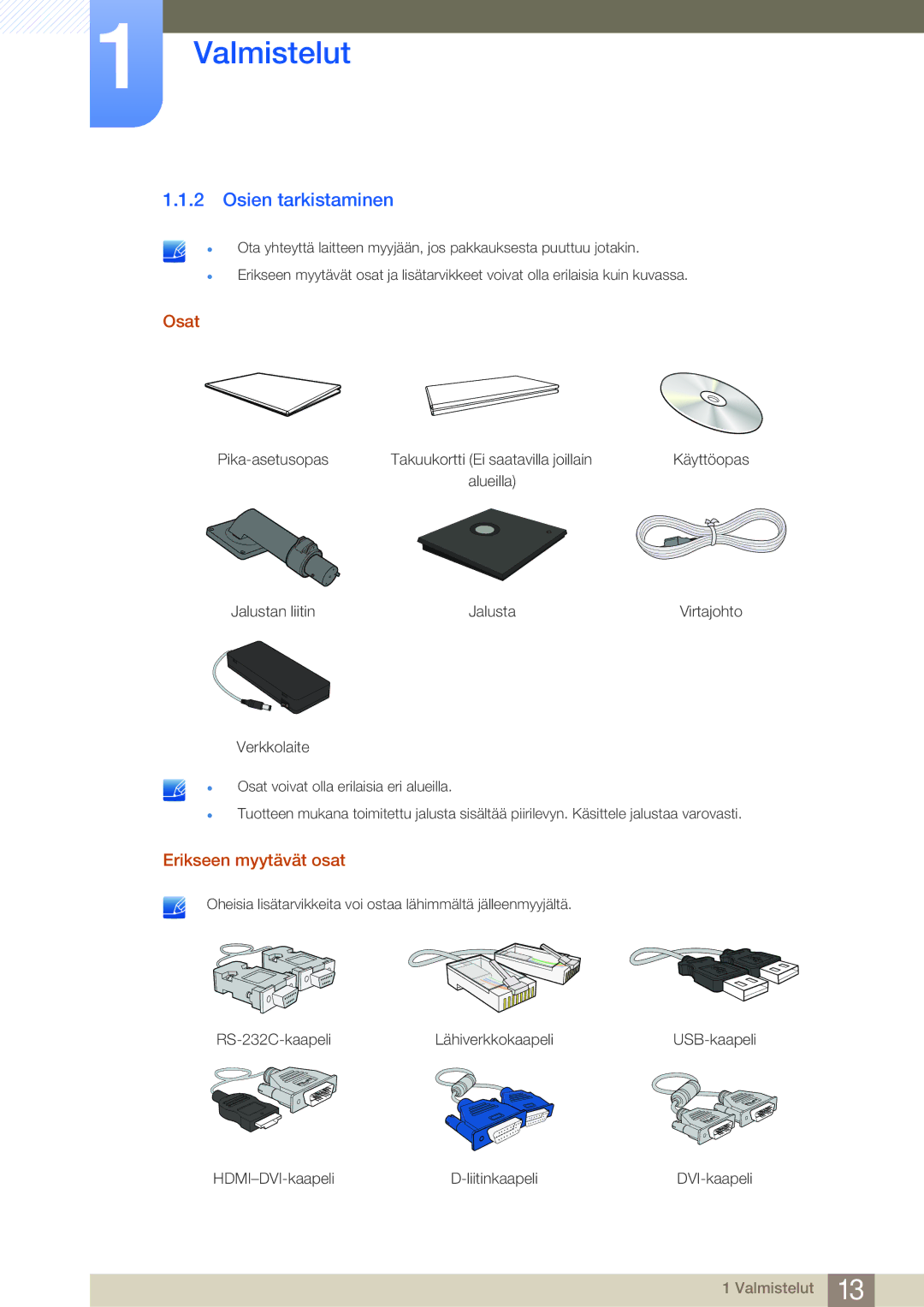 Samsung LF-NBNHNN/EN manual Osien tarkistaminen, Osat, Erikseen myytävät osat 