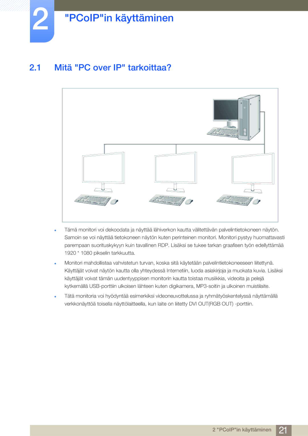 Samsung LF-NBNHNN/EN manual PCoIPin käyttäminen, Mitä PC over IP tarkoittaa? 