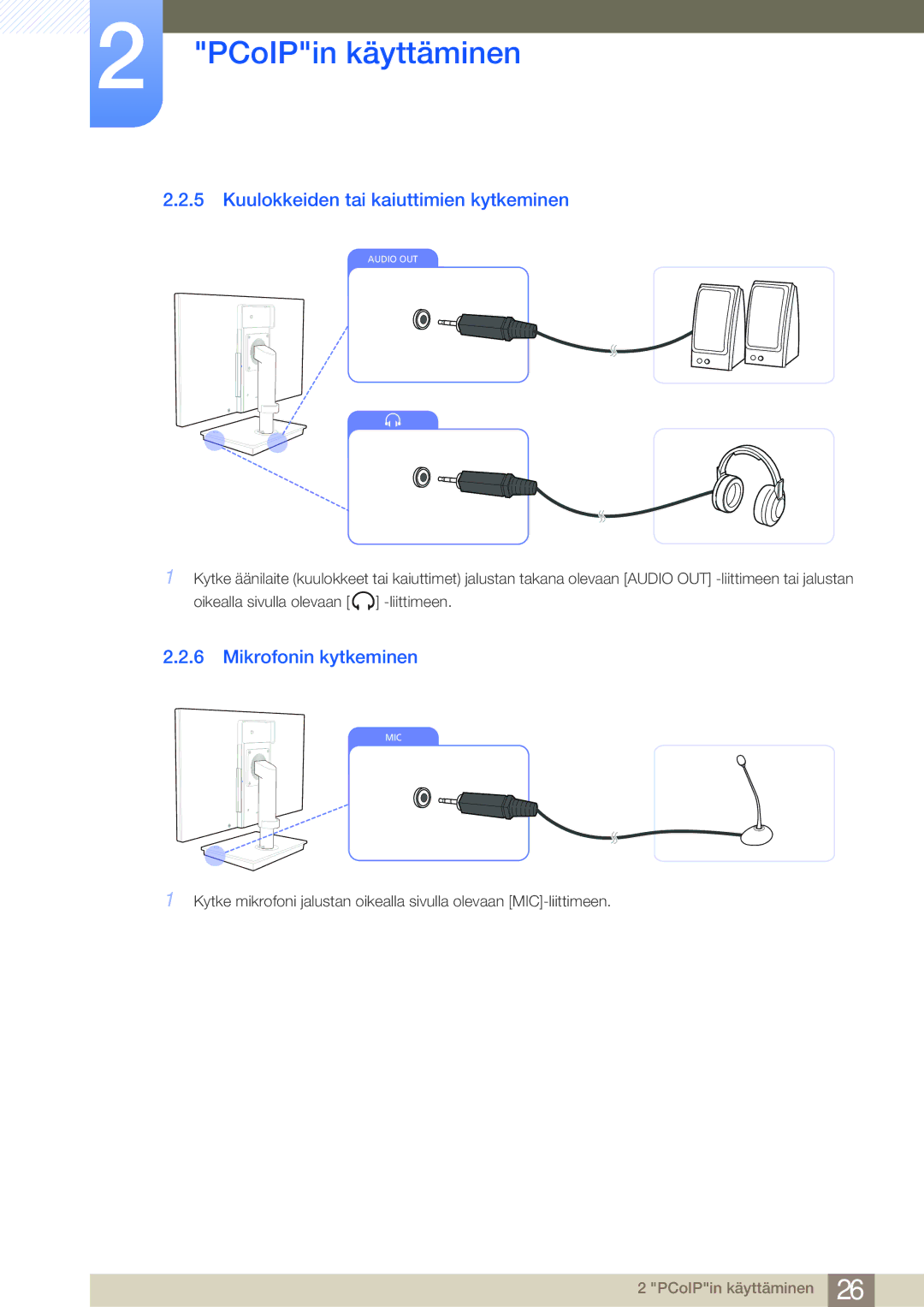 Samsung LF-NBNHNN/EN manual Kuulokkeiden tai kaiuttimien kytkeminen, Mikrofonin kytkeminen 