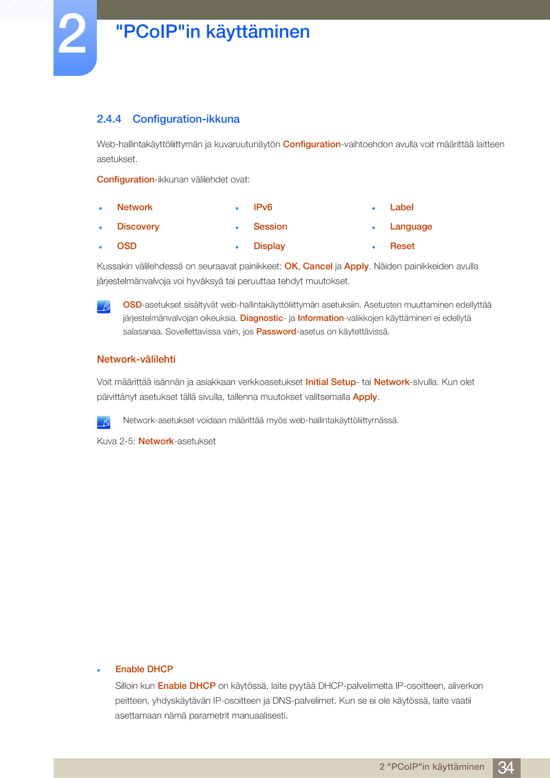 Samsung LF-NBNHNN/EN Configuration-ikkuna, Network-välilehti, Network Discovery, IPv6 Session Display Label Language Reset 