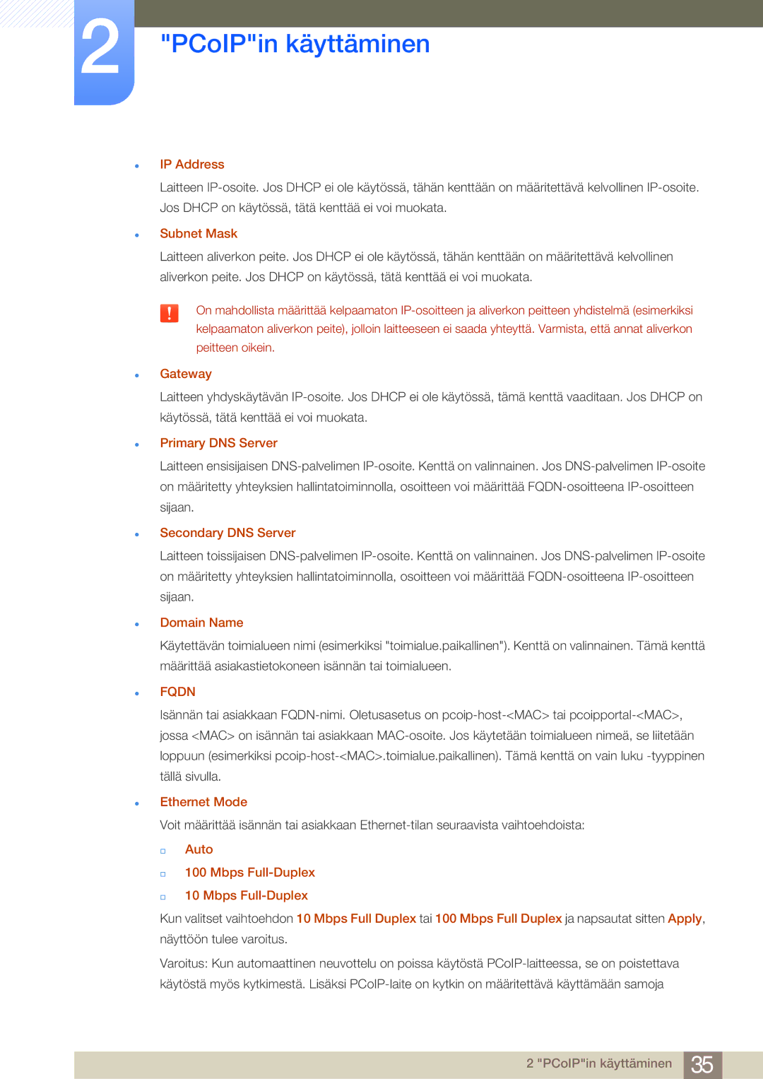 Samsung LF-NBNHNN/EN manual IP Address, Subnet Mask, Gateway, Primary DNS Server, Secondary DNS Server, Domain Name, Fqdn 