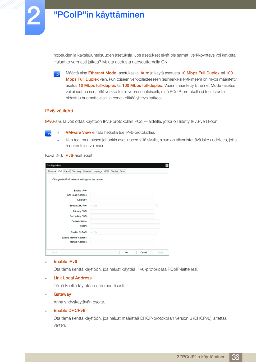 Samsung LF-NBNHNN/EN manual IPv6-välilehti, Enable IPv6, Enable DHCPv6 