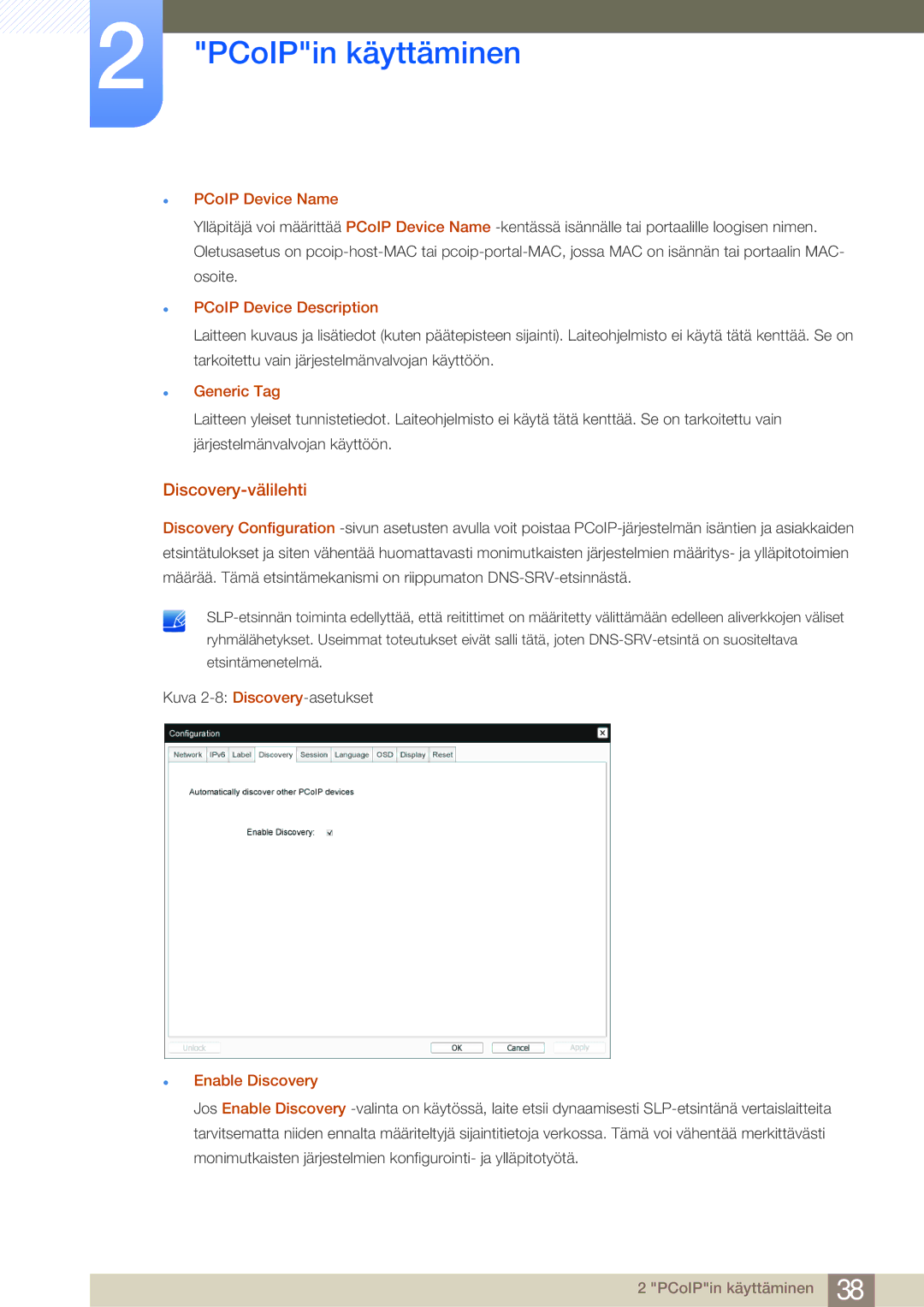 Samsung LF-NBNHNN/EN manual Discovery-välilehti, PCoIP Device Name, PCoIP Device Description, Generic Tag, Enable Discovery 
