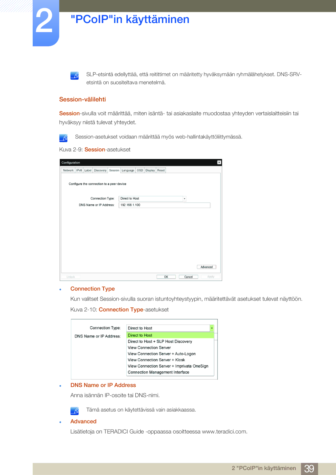 Samsung LF-NBNHNN/EN manual Session-välilehti, Connection Type, DNS Name or IP Address, Advanced 