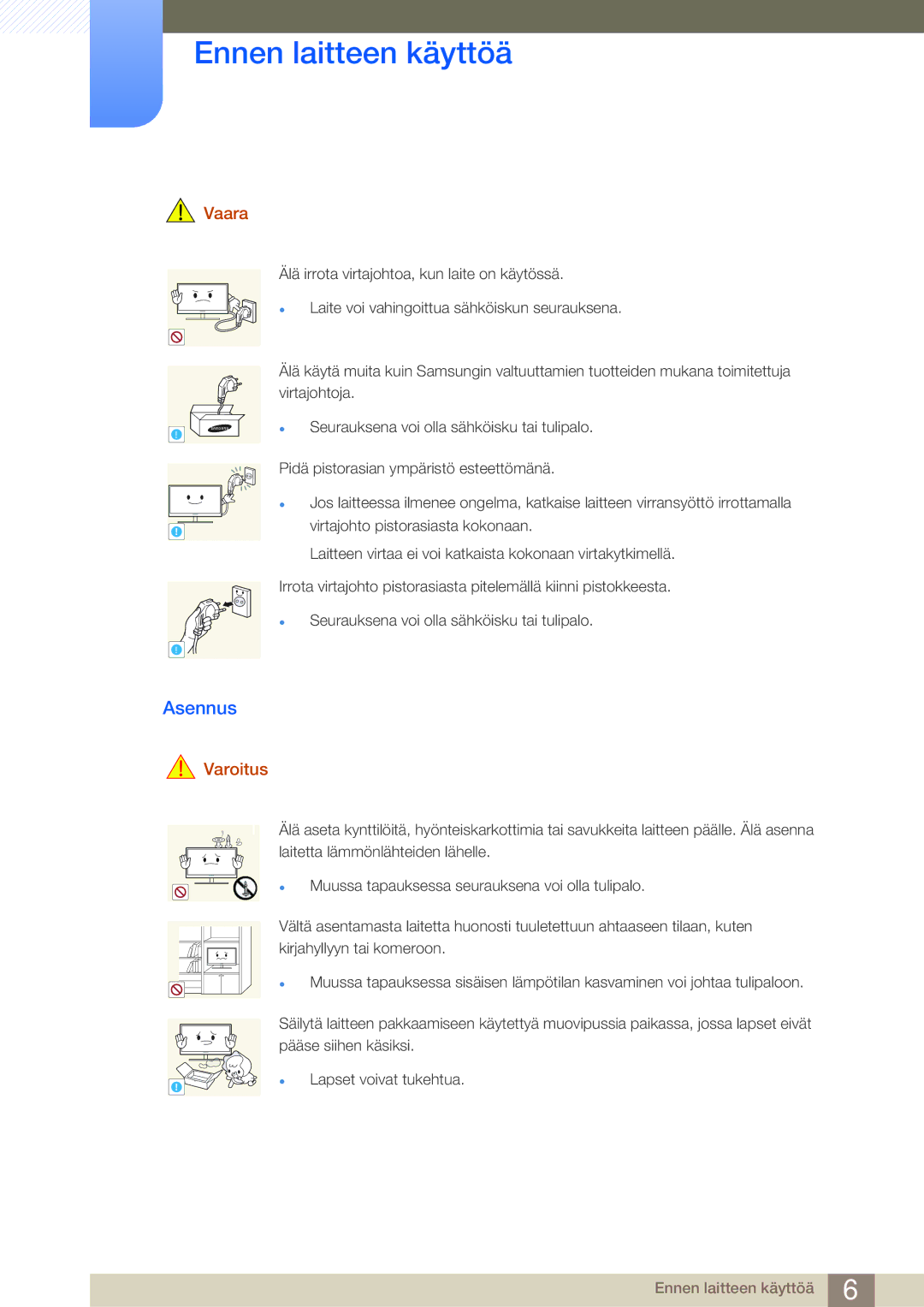 Samsung LF-NBNHNN/EN manual Asennus, Vaara 