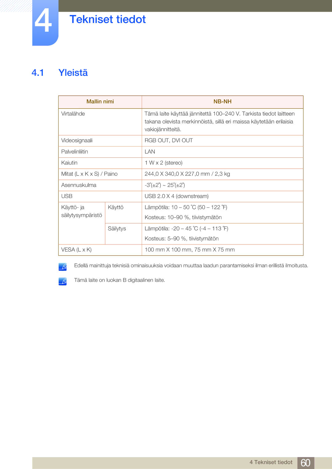 Samsung LF-NBNHNN/EN manual Tekniset tiedot, Yleistä 