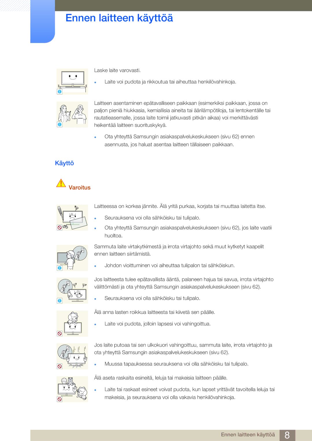 Samsung LF-NBNHNN/EN manual Käyttö, Johdon vioittuminen voi aiheuttaa tulipalon tai sähköiskun 