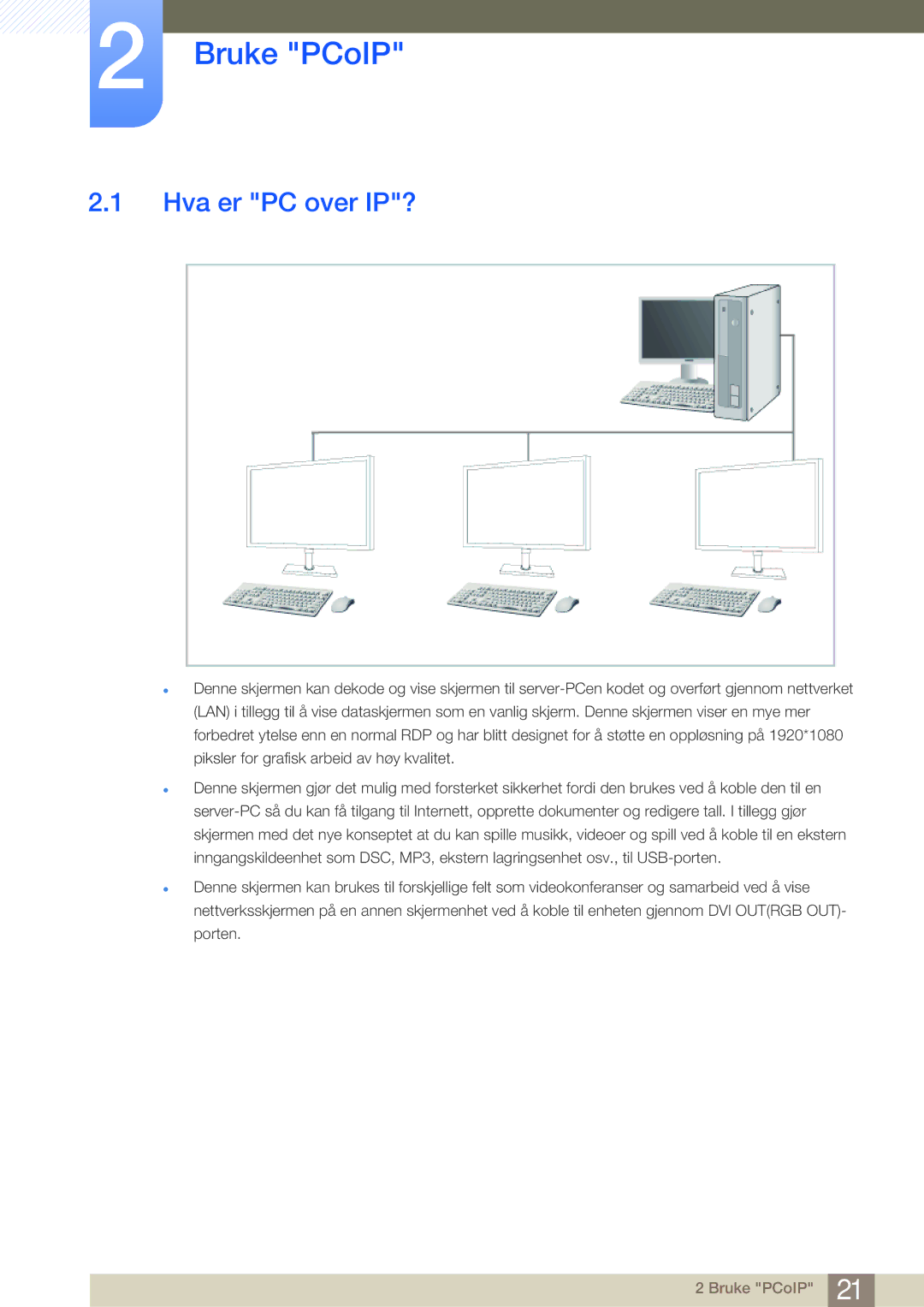 Samsung LF-NBNHNN/EN manual Bruke PCoIP, Hva er PC over IP? 