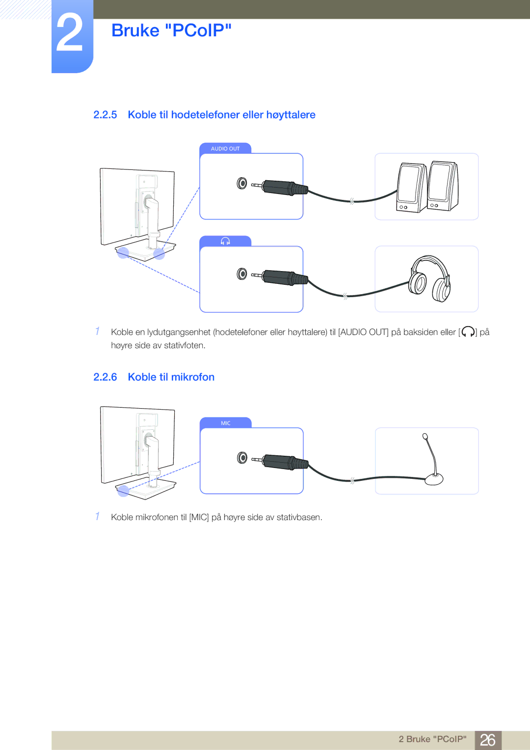 Samsung LF-NBNHNN/EN manual Koble til hodetelefoner eller høyttalere, Koble til mikrofon 