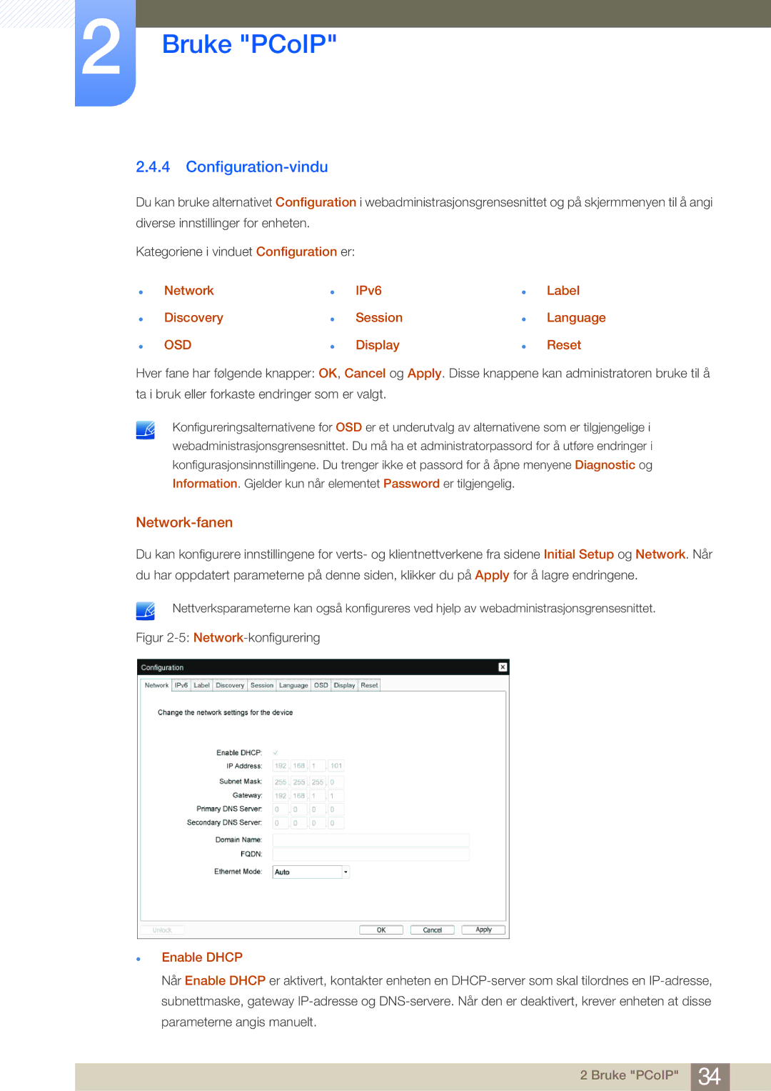 Samsung LF-NBNHNN/EN Configuration-vindu, Network-fanen, Network IPv6 Label Discovery Session Language, Display Reset 