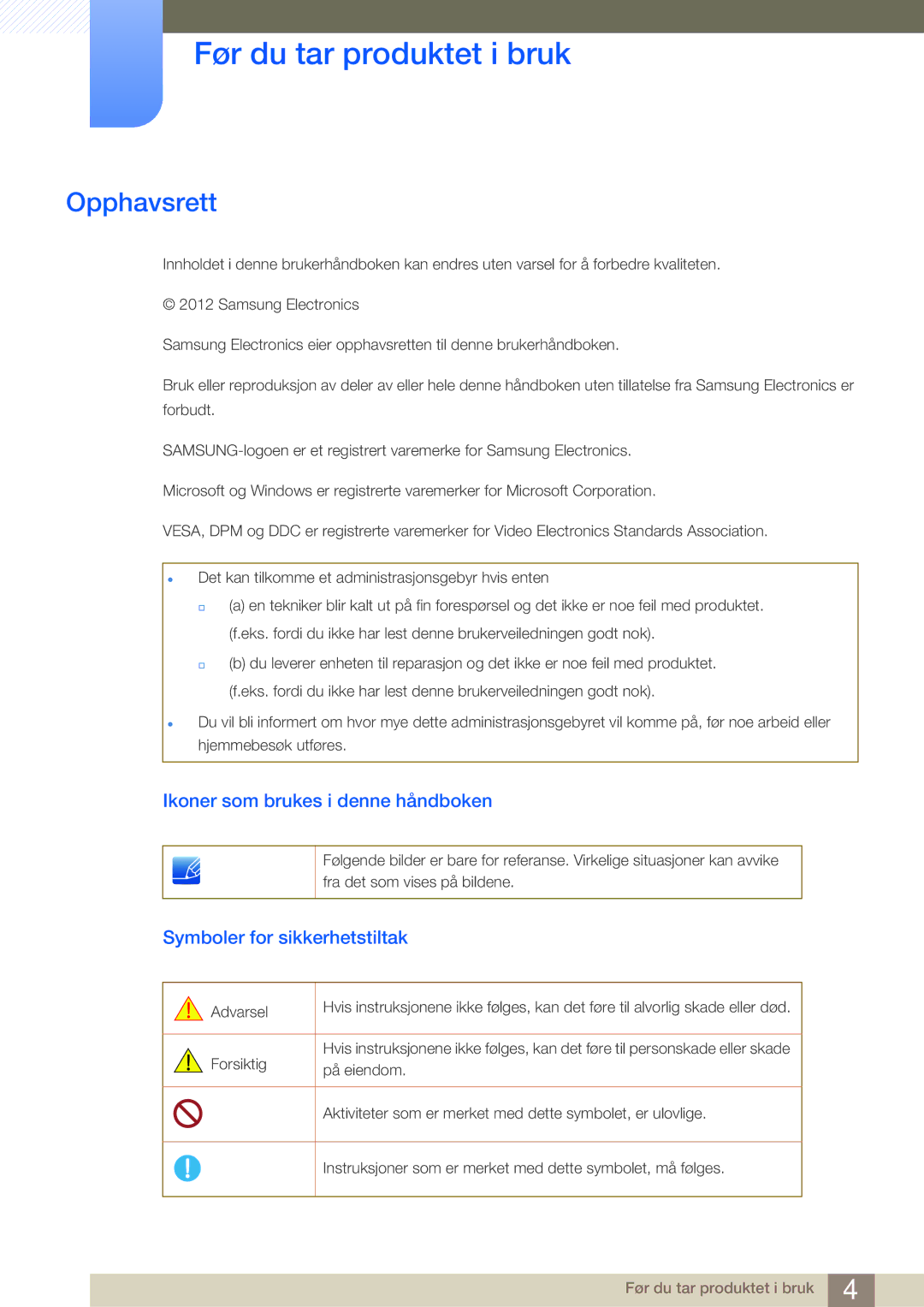 Samsung LF-NBNHNN/EN manual Opphavsrett, Ikoner som brukes i denne håndboken, Symboler for sikkerhetstiltak 