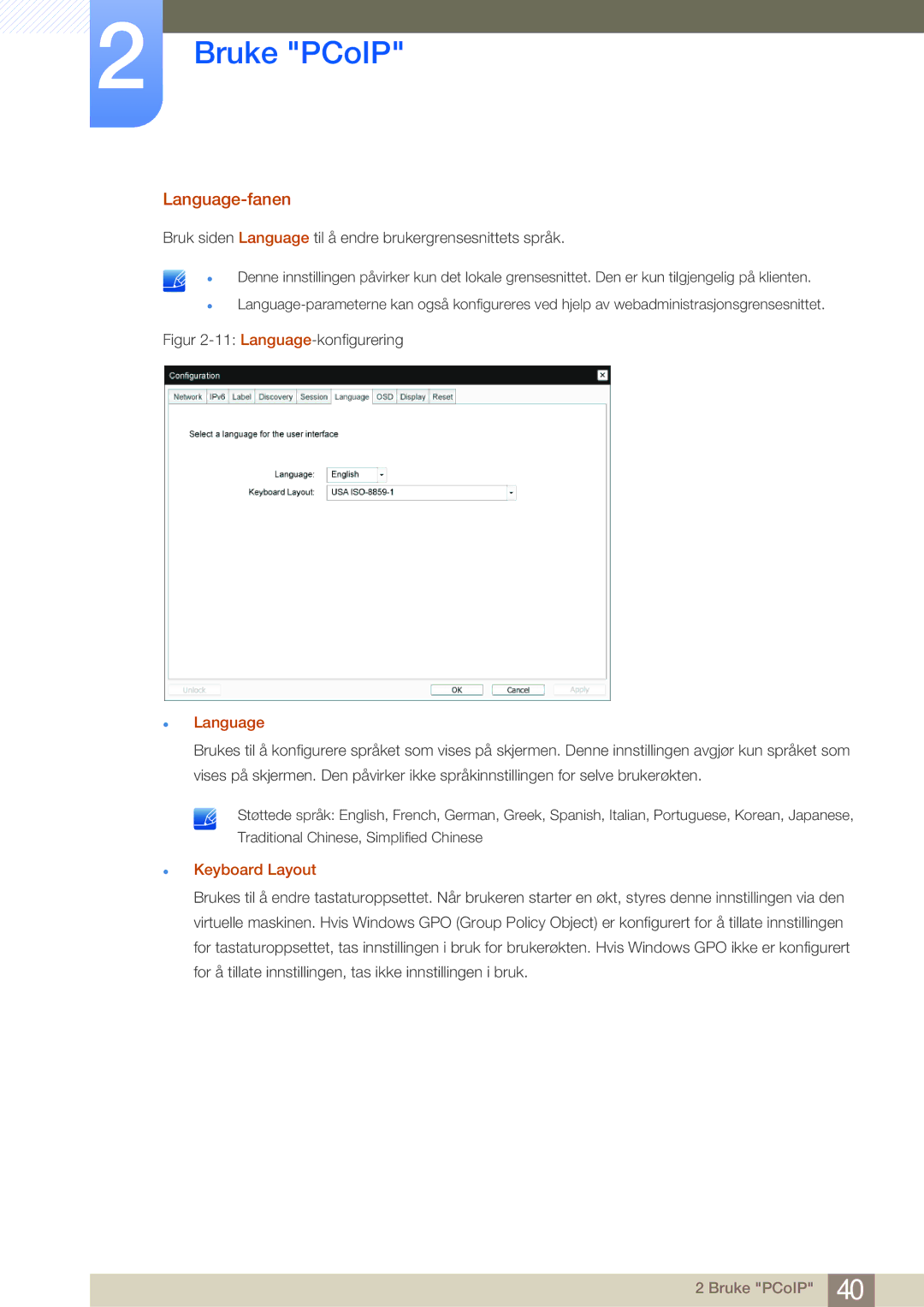 Samsung LF-NBNHNN/EN manual Language-fanen, Keyboard Layout 