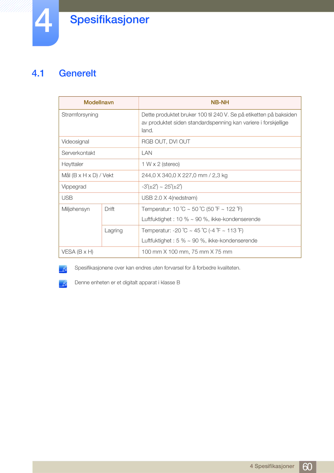 Samsung LF-NBNHNN/EN manual Spesifikasjoner, Generelt 