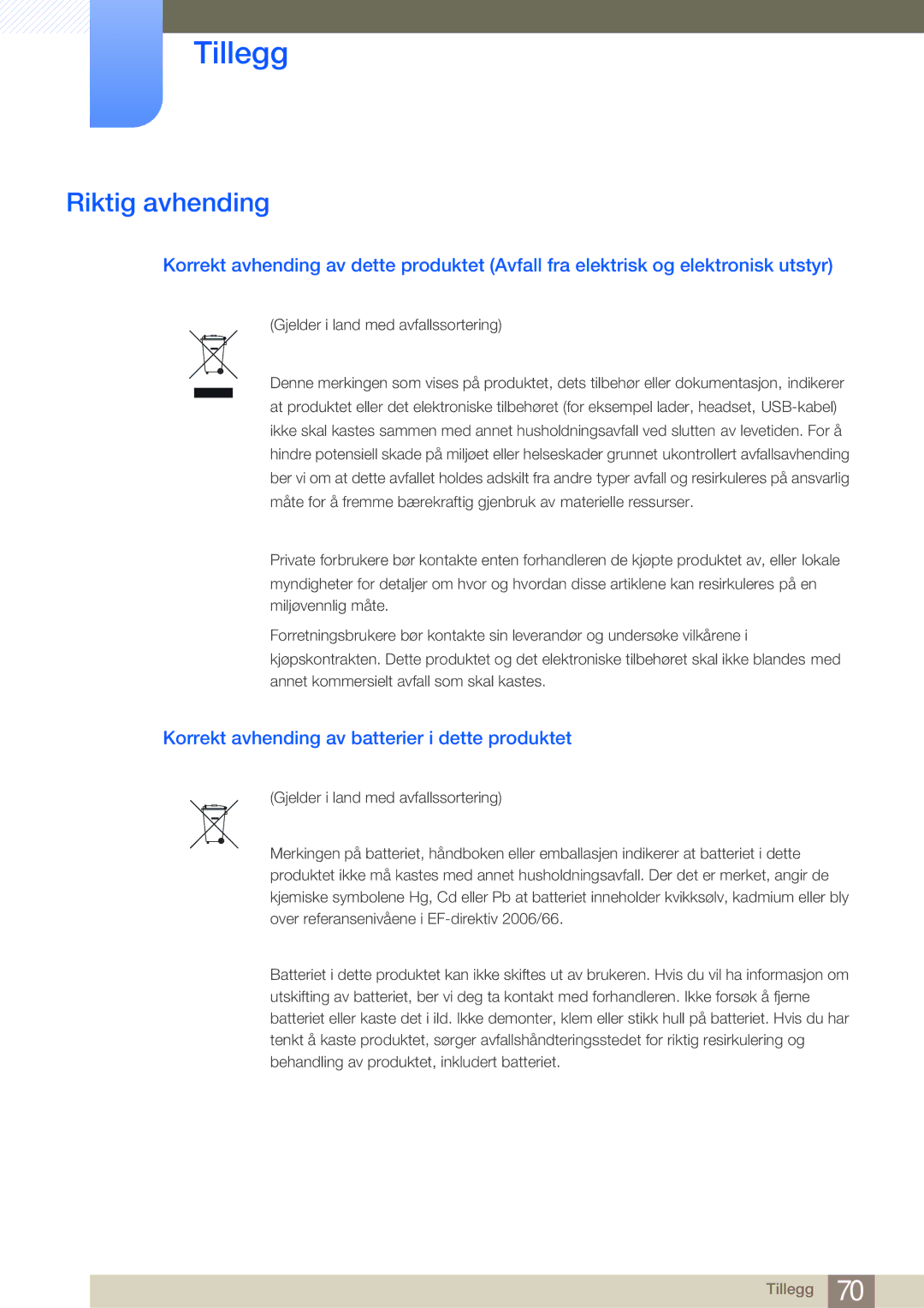 Samsung LF-NBNHNN/EN manual Riktig avhending, Korrekt avhending av batterier i dette produktet 