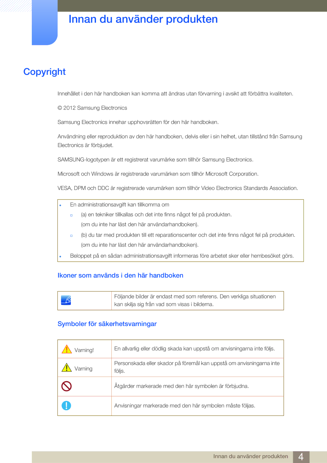 Samsung LF-NBNHNN/EN manual Copyright, Ikoner som används i den här handboken, Symboler för säkerhetsvarningar 