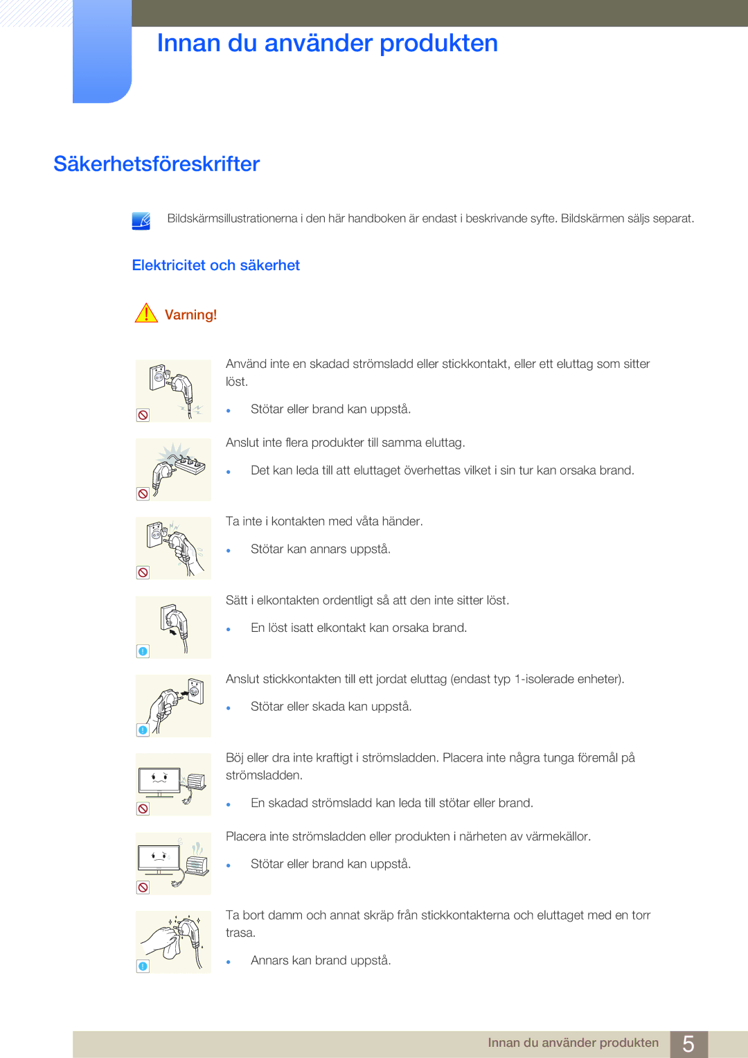 Samsung LF-NBNHNN/EN manual Säkerhetsföreskrifter, Elektricitet och säkerhet, Varning 