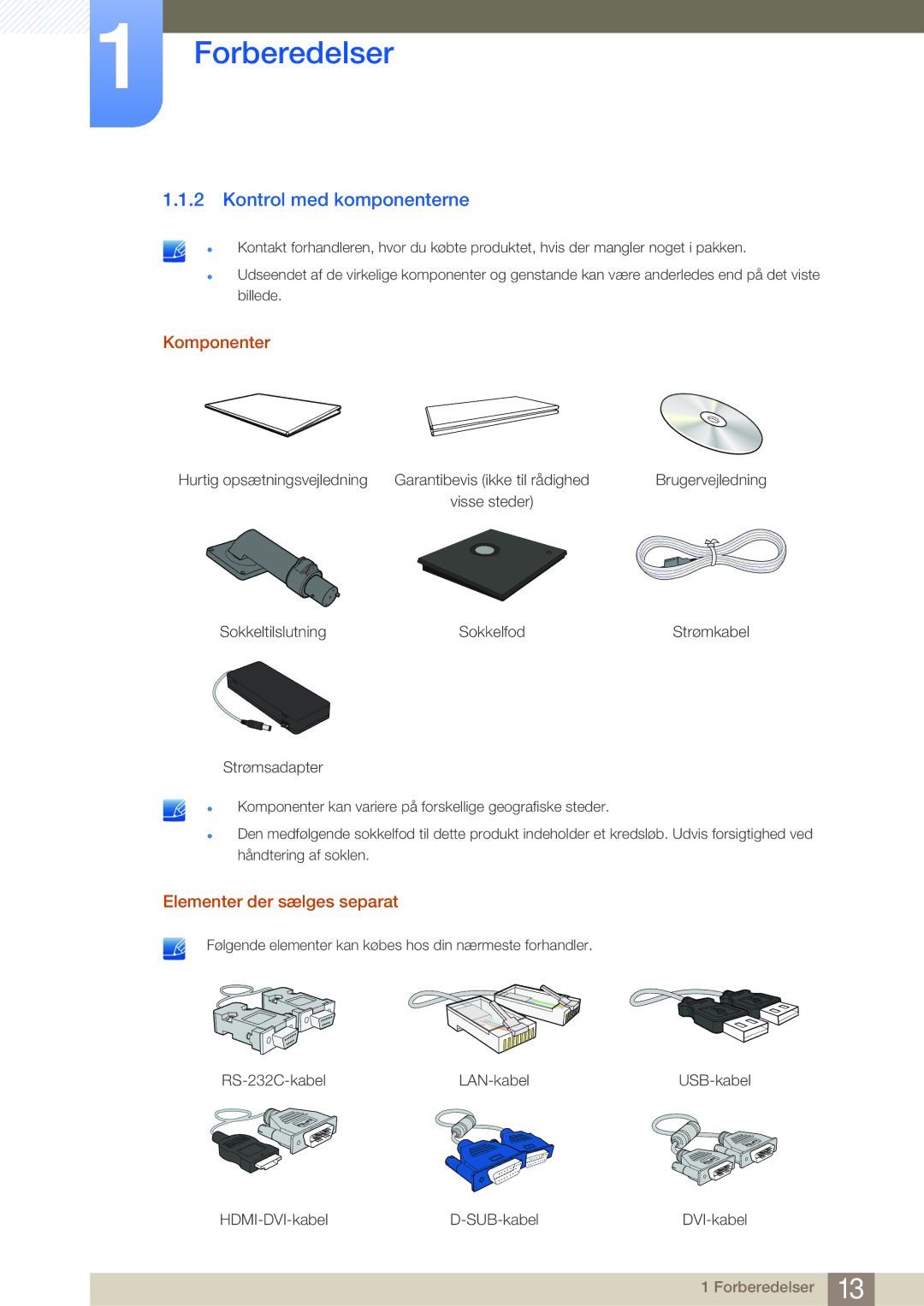 Samsung LF-NBNHNN/EN manual Kontrol med komponenterne, Komponenter, Elementer der sælges separat 