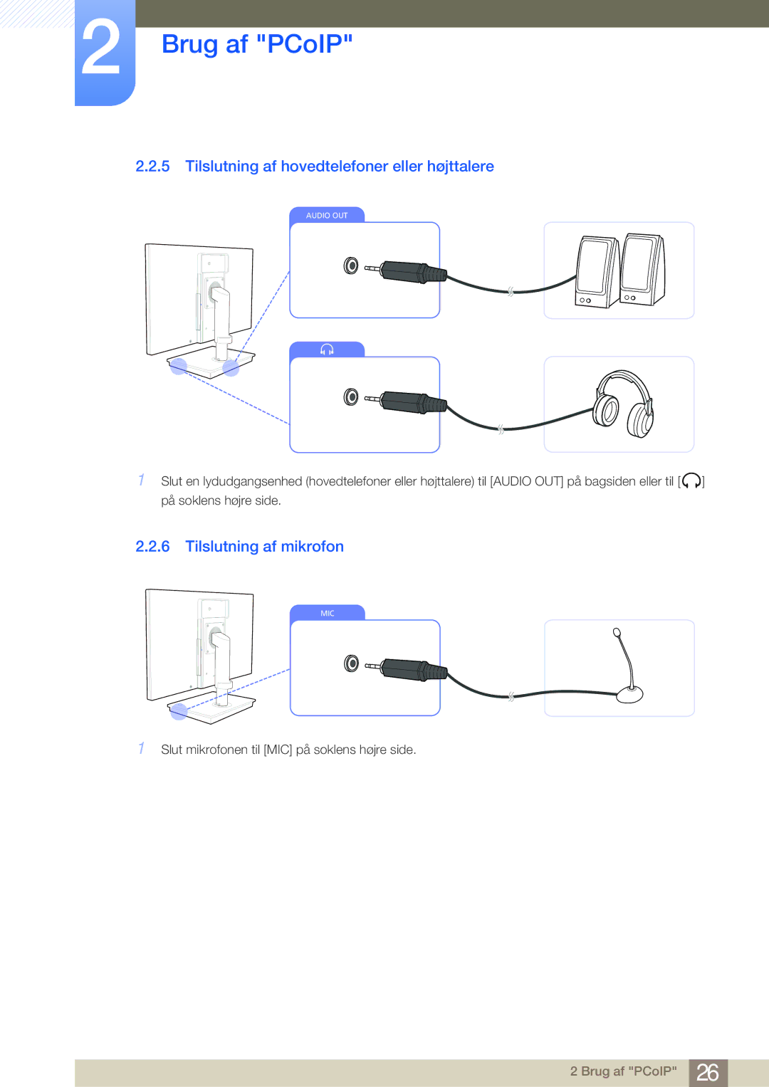 Samsung LF-NBNHNN/EN manual Tilslutning af hovedtelefoner eller højttalere, Tilslutning af mikrofon 