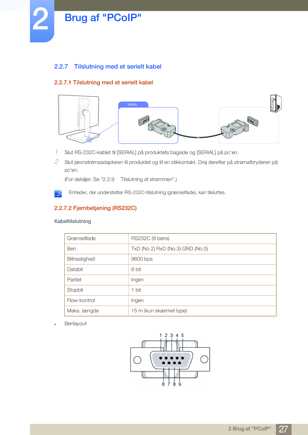 Samsung LF-NBNHNN/EN manual Tilslutning med et serielt kabel, Fjernbetjening RS232C 