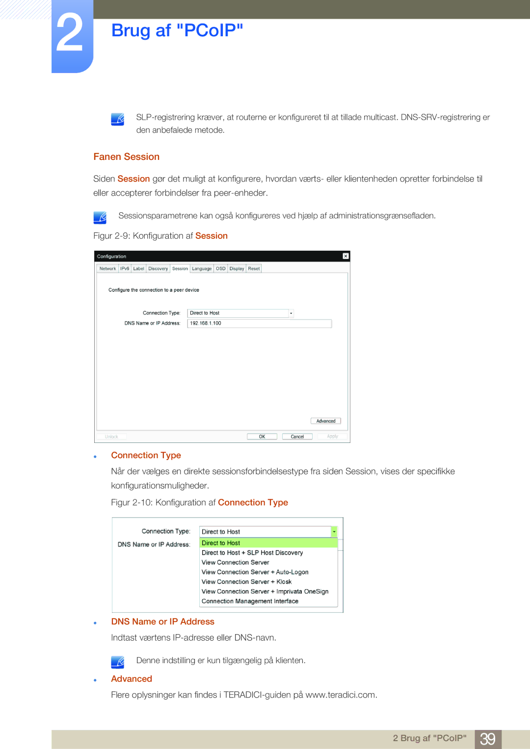 Samsung LF-NBNHNN/EN manual Fanen Session, Connection Type, DNS Name or IP Address, Advanced 