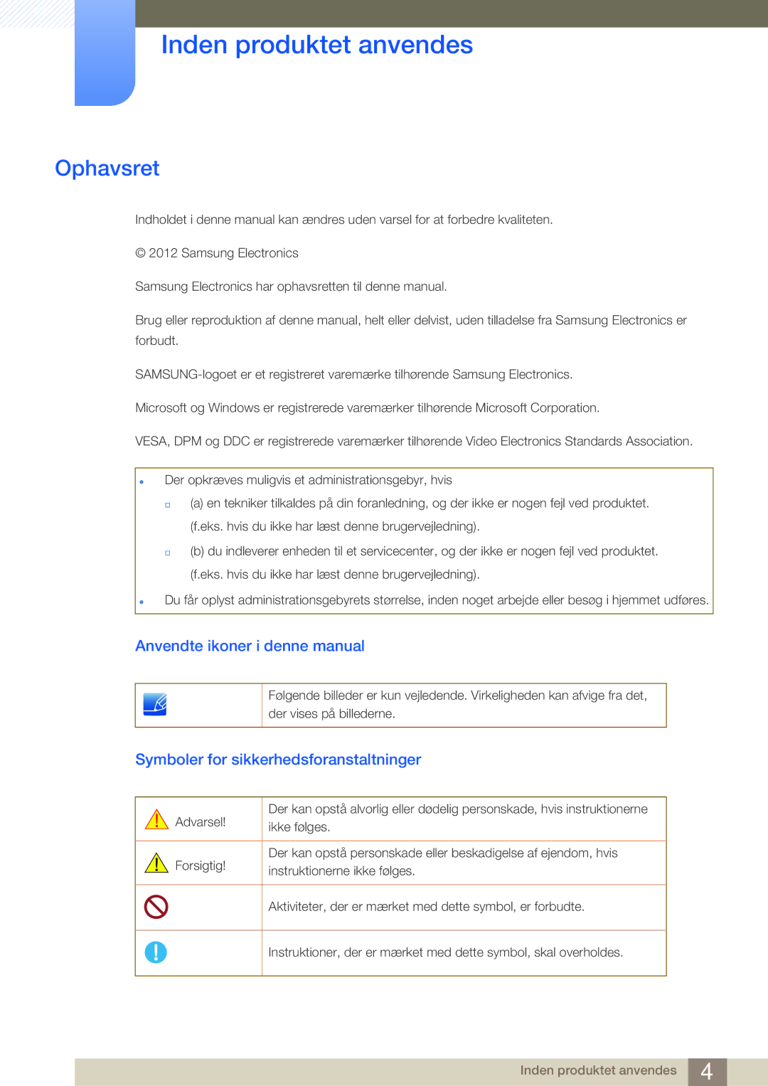 Samsung LF-NBNHNN/EN Ophavsret, Anvendte ikoner i denne manual, Symboler for sikkerhedsforanstaltninger 