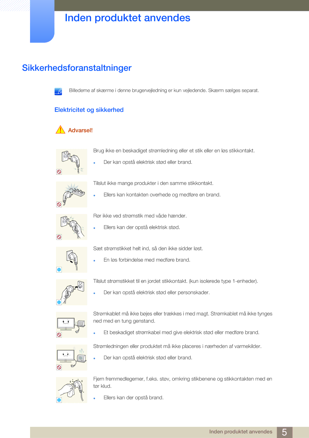 Samsung LF-NBNHNN/EN manual Sikkerhedsforanstaltninger, Elektricitet og sikkerhed 