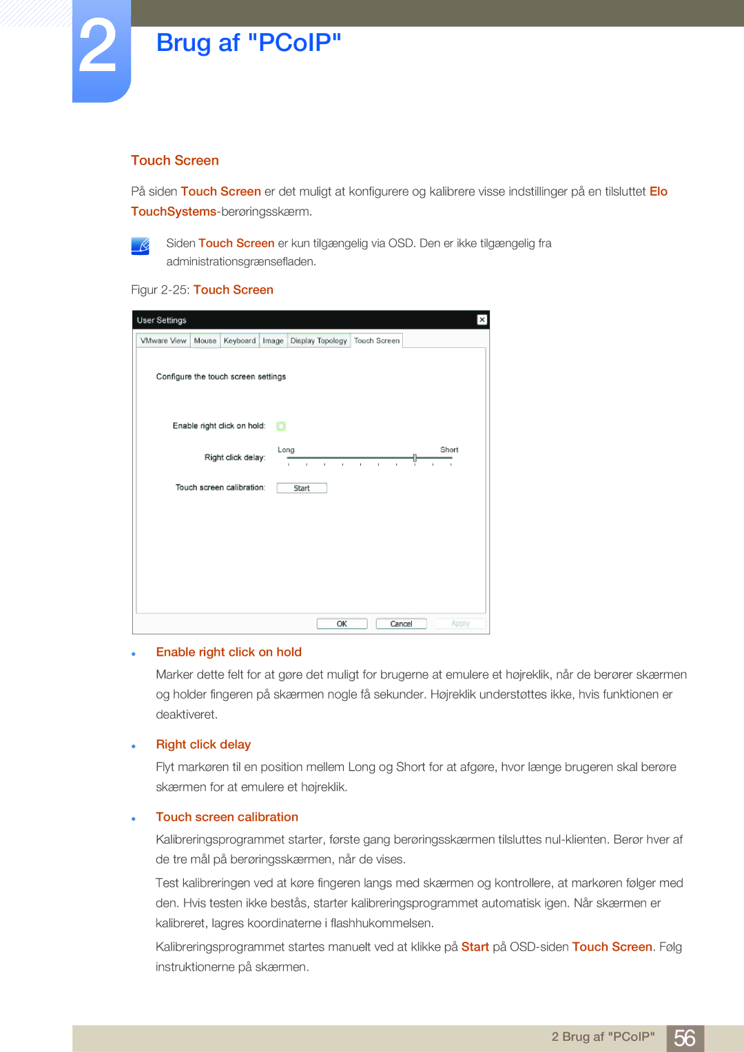 Samsung LF-NBNHNN/EN manual Touch Screen, Enable right click on hold, Right click delay, Touch screen calibration 