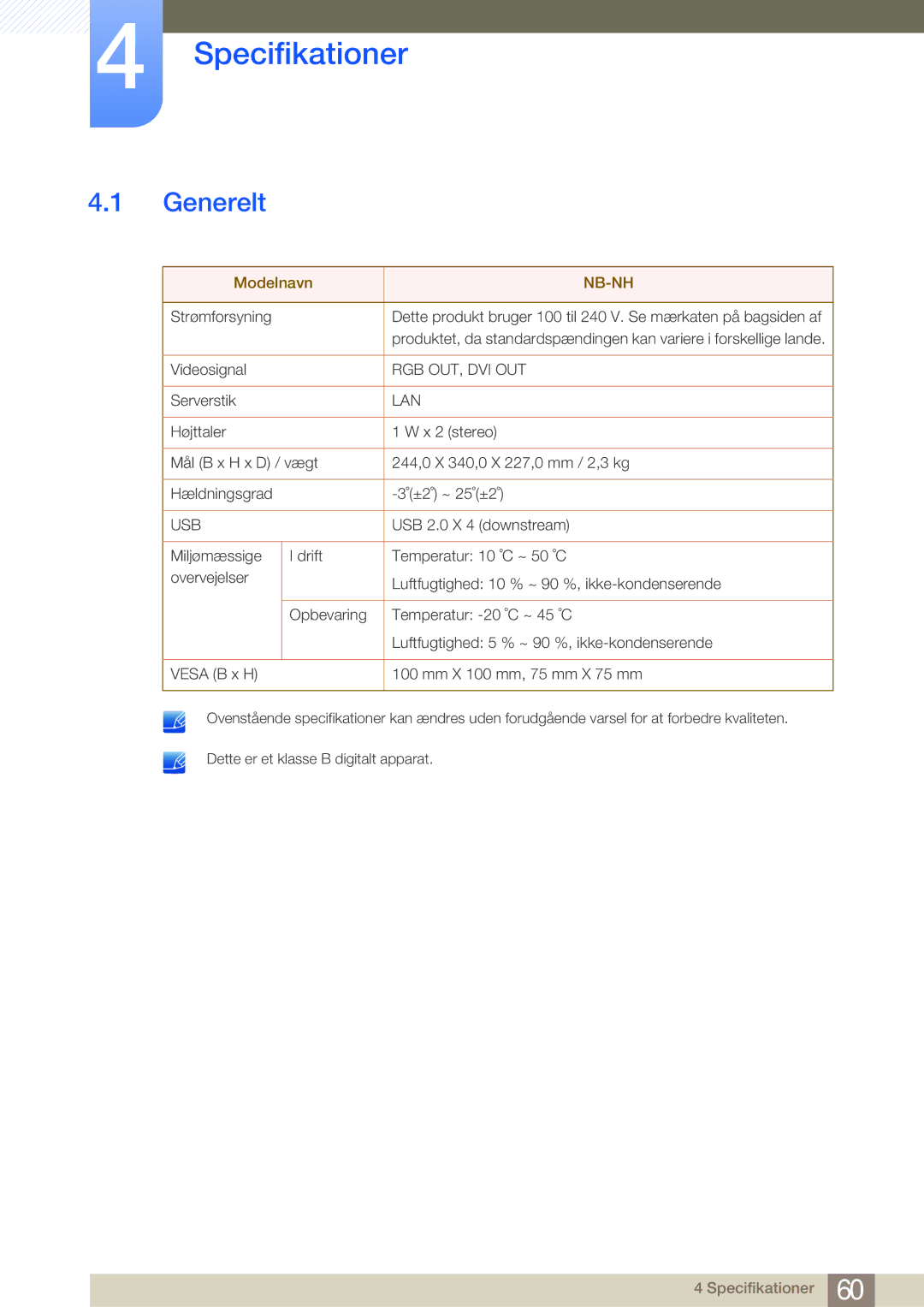 Samsung LF-NBNHNN/EN manual Specifikationer, Generelt 