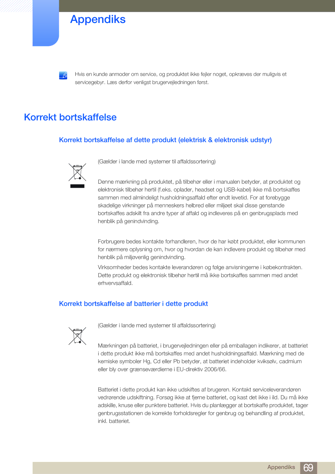 Samsung LF-NBNHNN/EN manual Korrekt bortskaffelse af batterier i dette produkt 