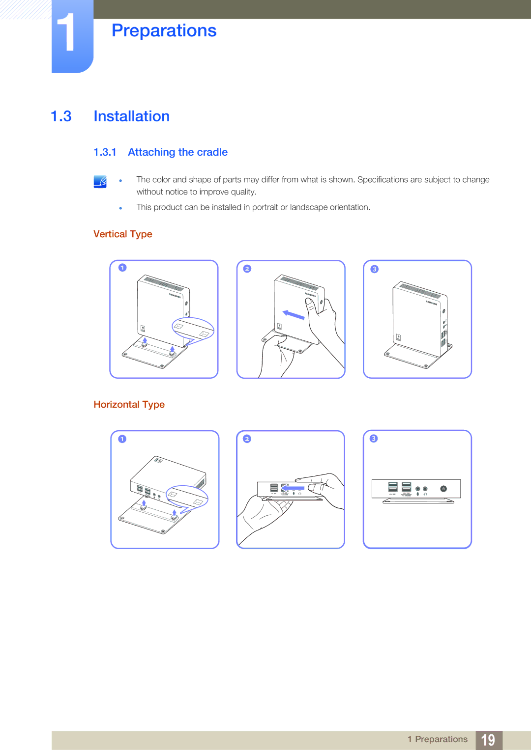 Samsung LF00FNXPFBZXCI, LF-NXN2N/EN, LF00FNXPFBZXEN manual Installation, Attaching the cradle, Vertical Type Horizontal Type 