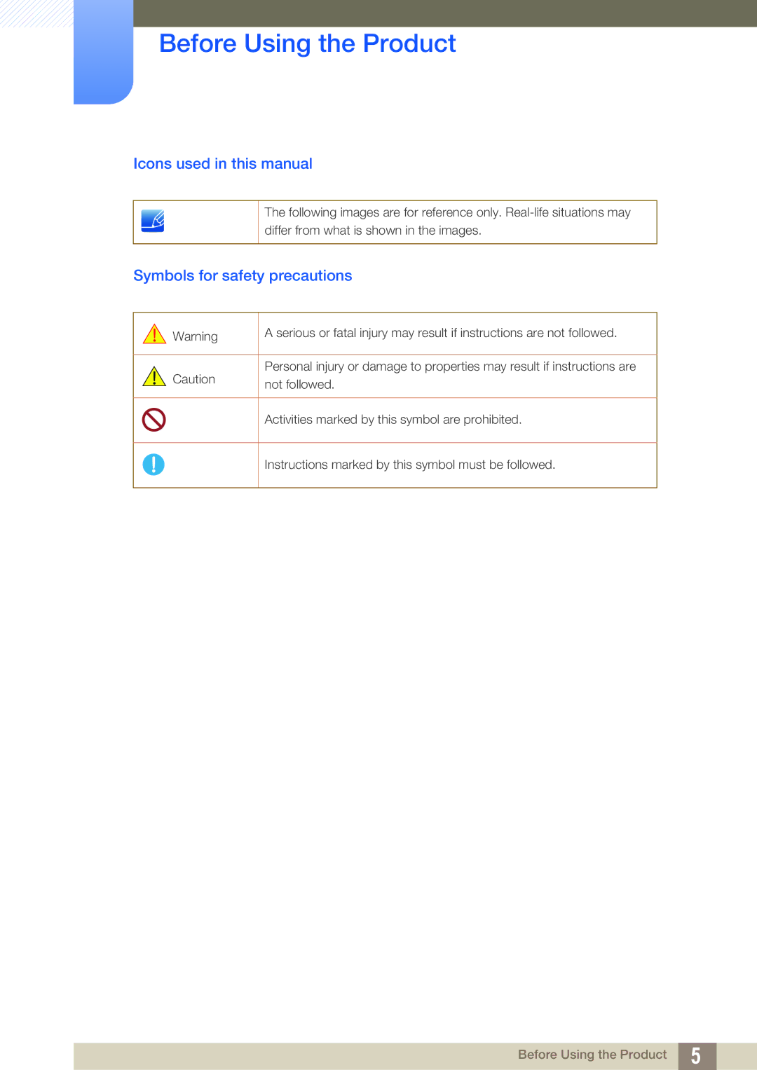 Samsung LF-NXN2N/EN, LF00FNXPFBZXEN, LF00FNXPFBZXXV, LF-NXN2N/XY Icons used in this manual, Symbols for safety precautions 