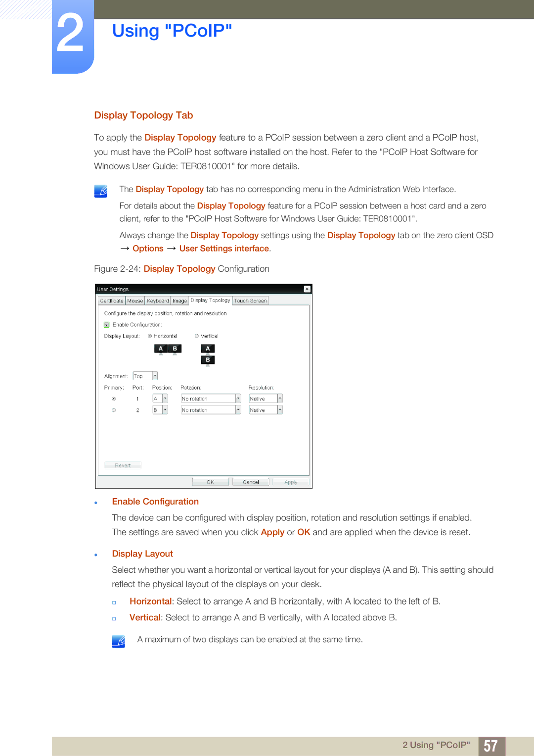 Samsung LF00FNXPFBZXXV Display Topology Tab, Options User Settings interface,  Enable Configuration,  Display Layout 