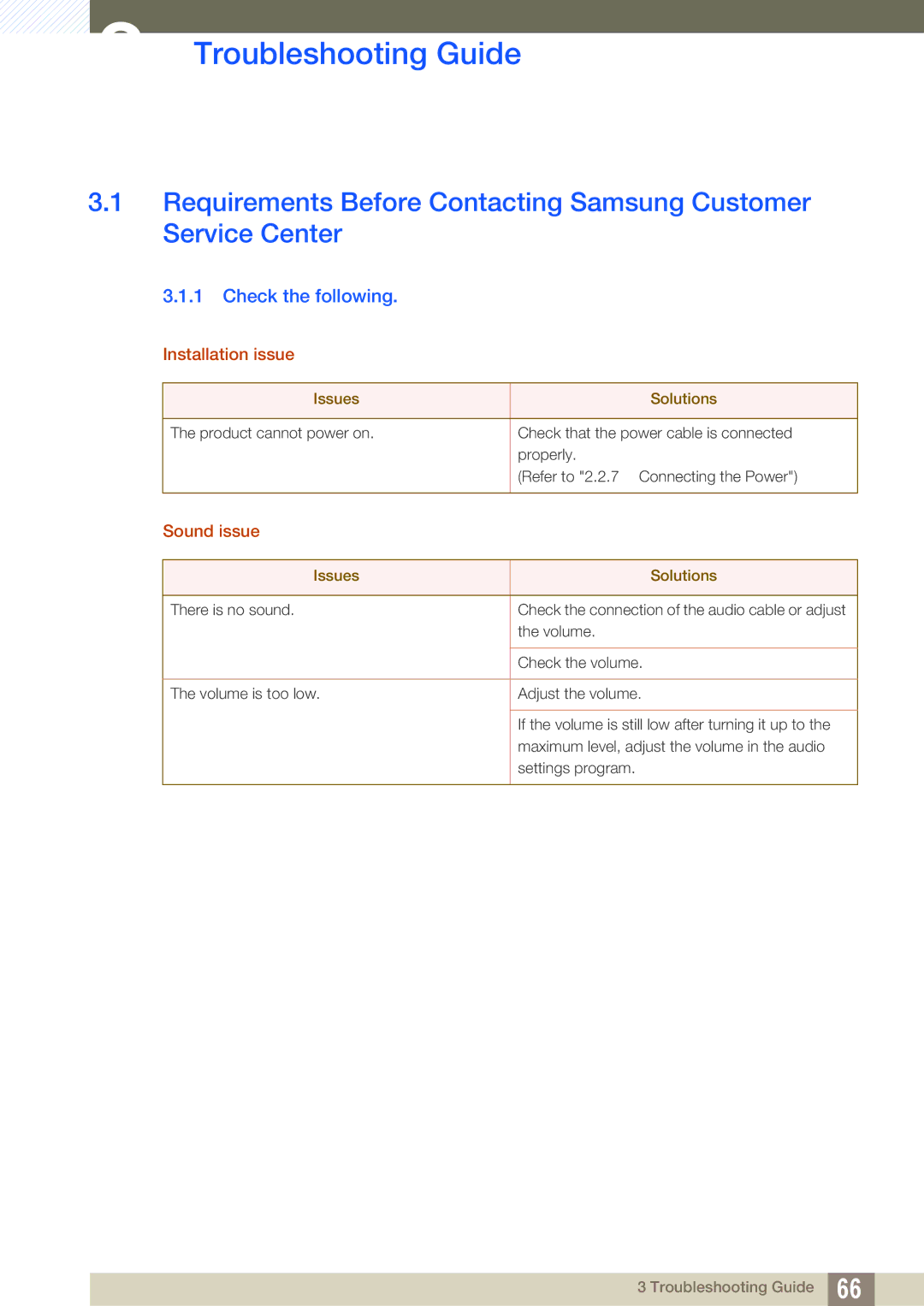 Samsung LF00FNXPFBZXEN, LF-NXN2N/EN, LF00FNXPFBZXXV, LF-NXN2N/XY manual Check the following, Installation issue, Sound issue 