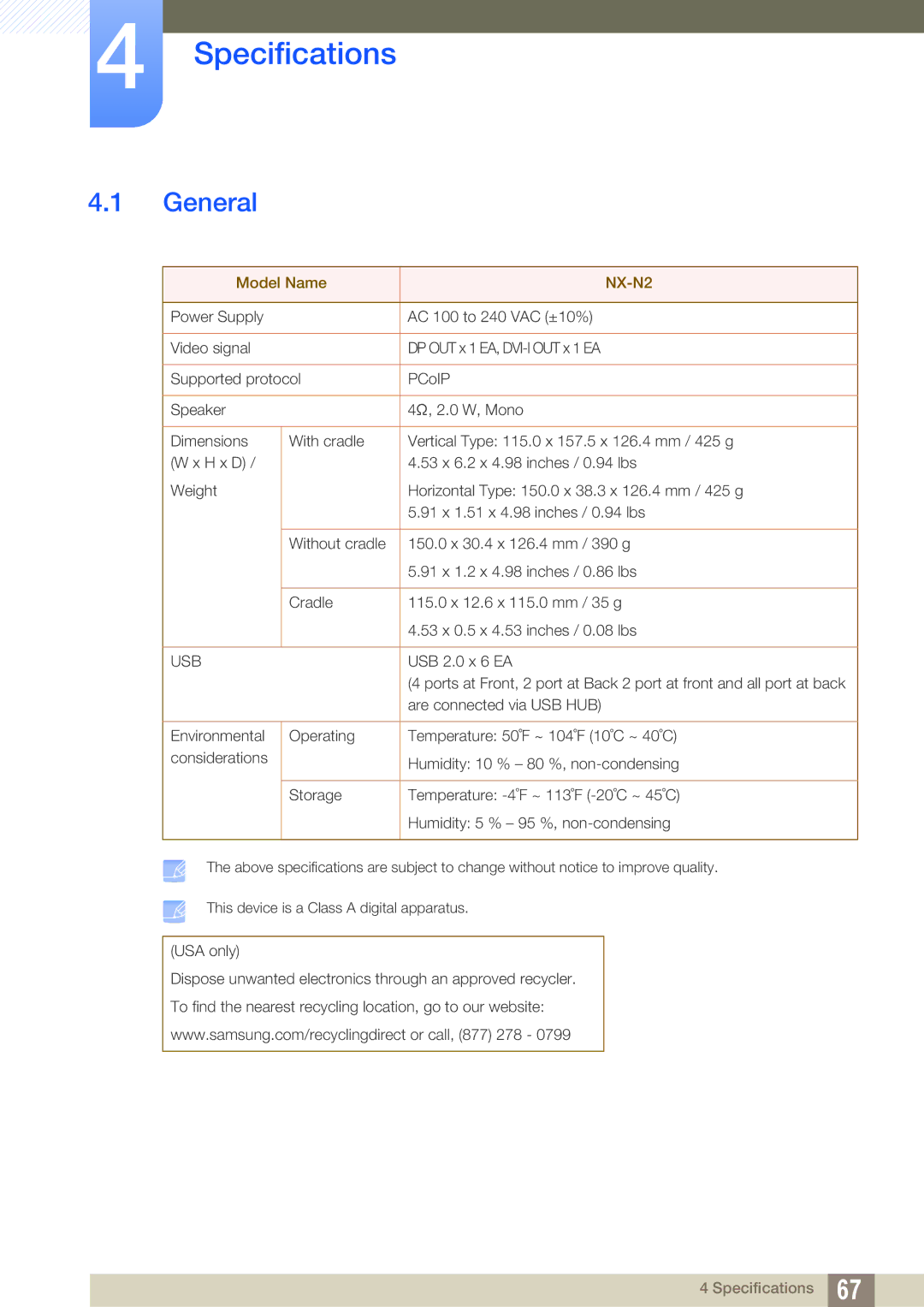 Samsung LF00FNXPFBZXXV, LF-NXN2N/EN, LF00FNXPFBZXEN, LF-NXN2N/XY, LF00FNXPFBZXCI manual Specifications, General 