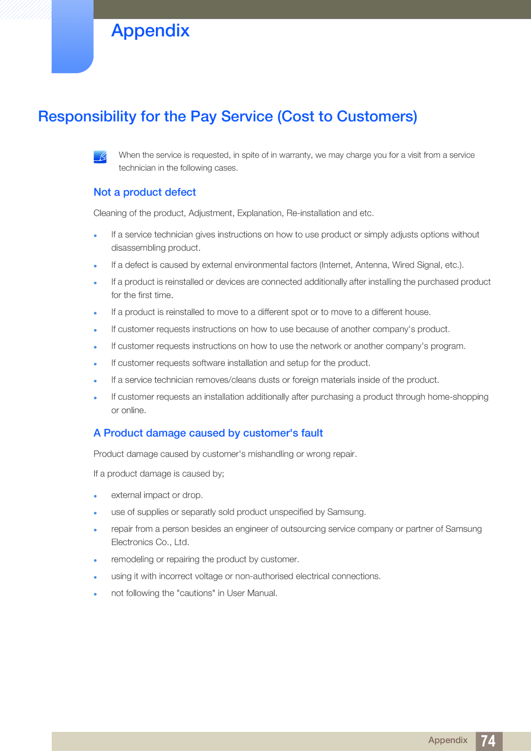 Samsung LF00FNXPFBZXCI, LF-NXN2N/EN, LF-NXN2N/XY Responsibility for the Pay Service Cost to Customers, Not a product defect 