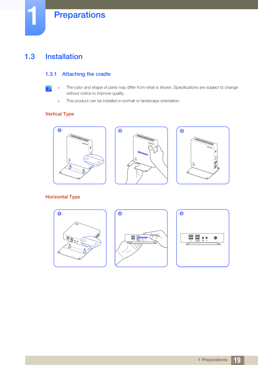 Samsung LF00FNXPFBZXCI, LF-NXN2N/EN manual Installation, Attaching the cradle, Preparations, Vertical Type Horizontal Type 