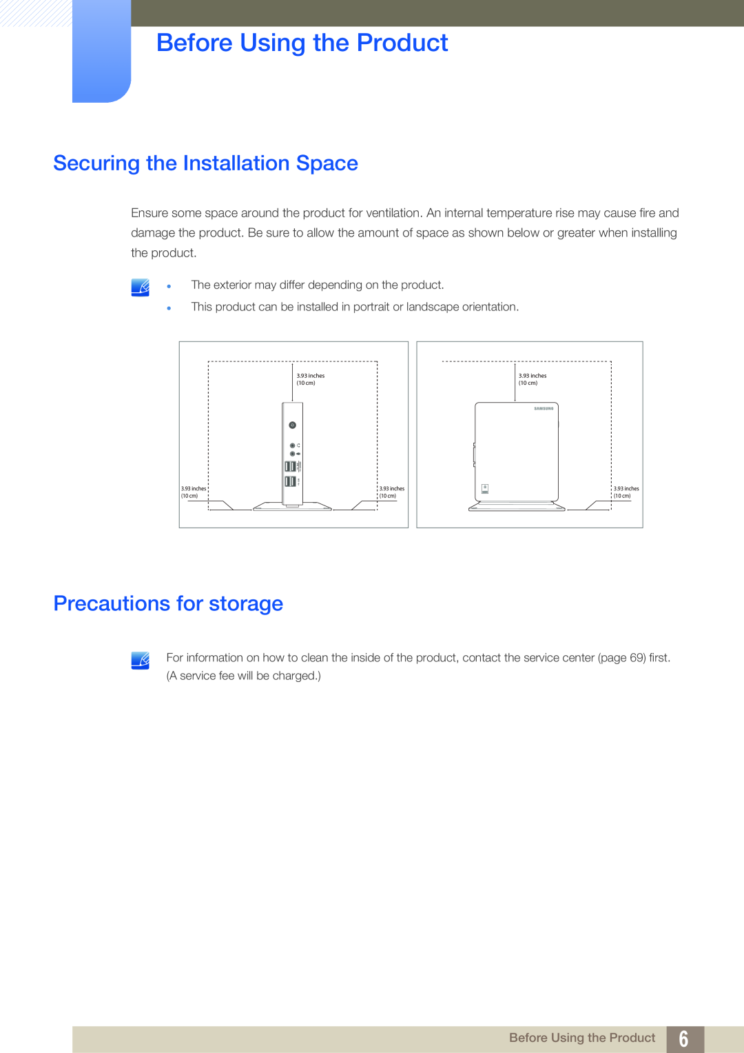 Samsung LF00FNXPFBZXEN, LF-NXN2N/EN Securing the Installation Space, Precautions for storage, Before Using the Product 