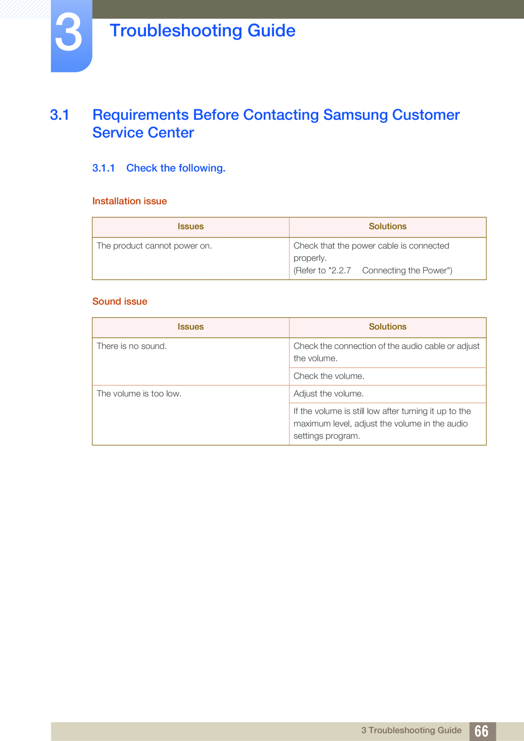 Samsung LF00FNXPFBZXEN Troubleshooting Guide, Requirements Before Contacting Samsung Customer Service Center, Sound issue 